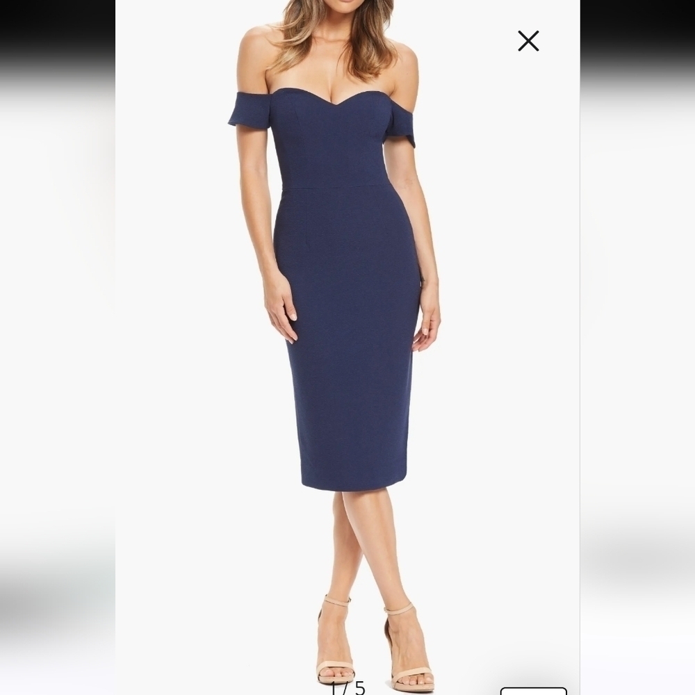 NWT Dress The Population Bailey Off-The-Shoulder Bodycon Dress Navy Size L